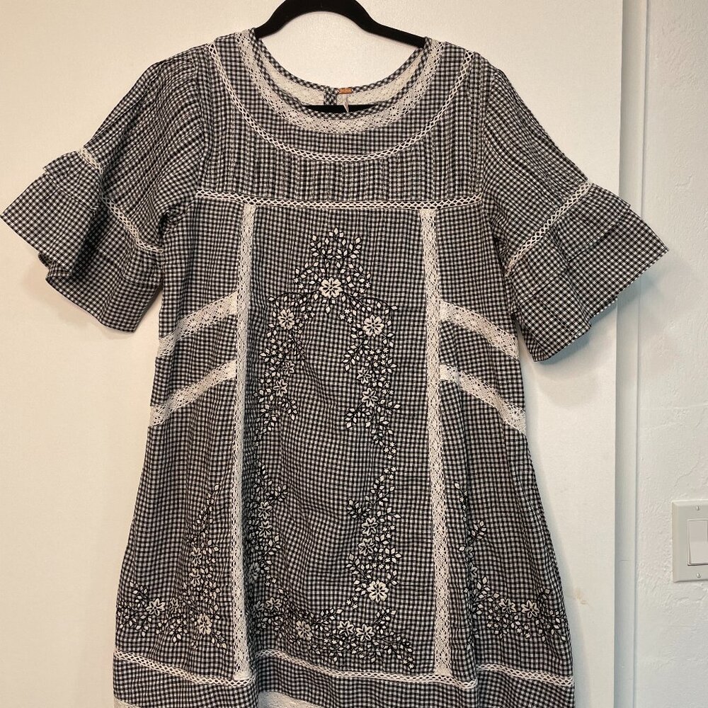 Free People Gingham Embroidered Lace Mini Dress • Black White Ruffle Sleeve M